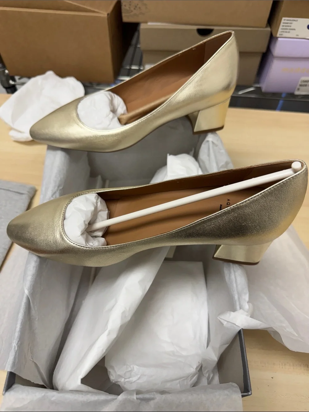Aquatalia Metallic Gold Low Block Heel Pumps